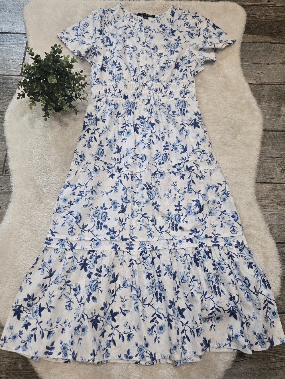 French Connection Blue & White Floral Cotton Cottagecore Tiered Maxi Dress, M